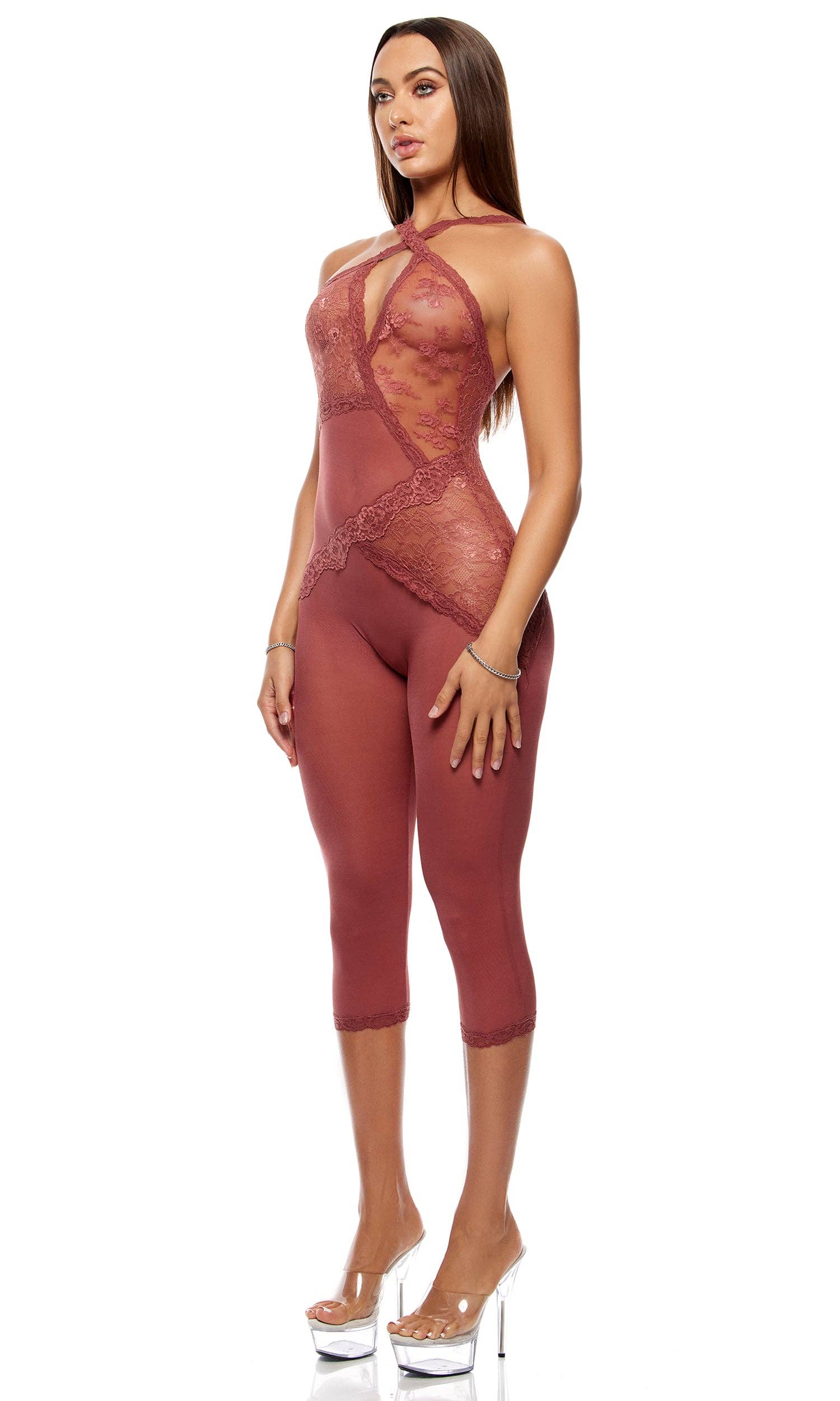 Patch of Petals Lace Capri Catsuit - Spice-1