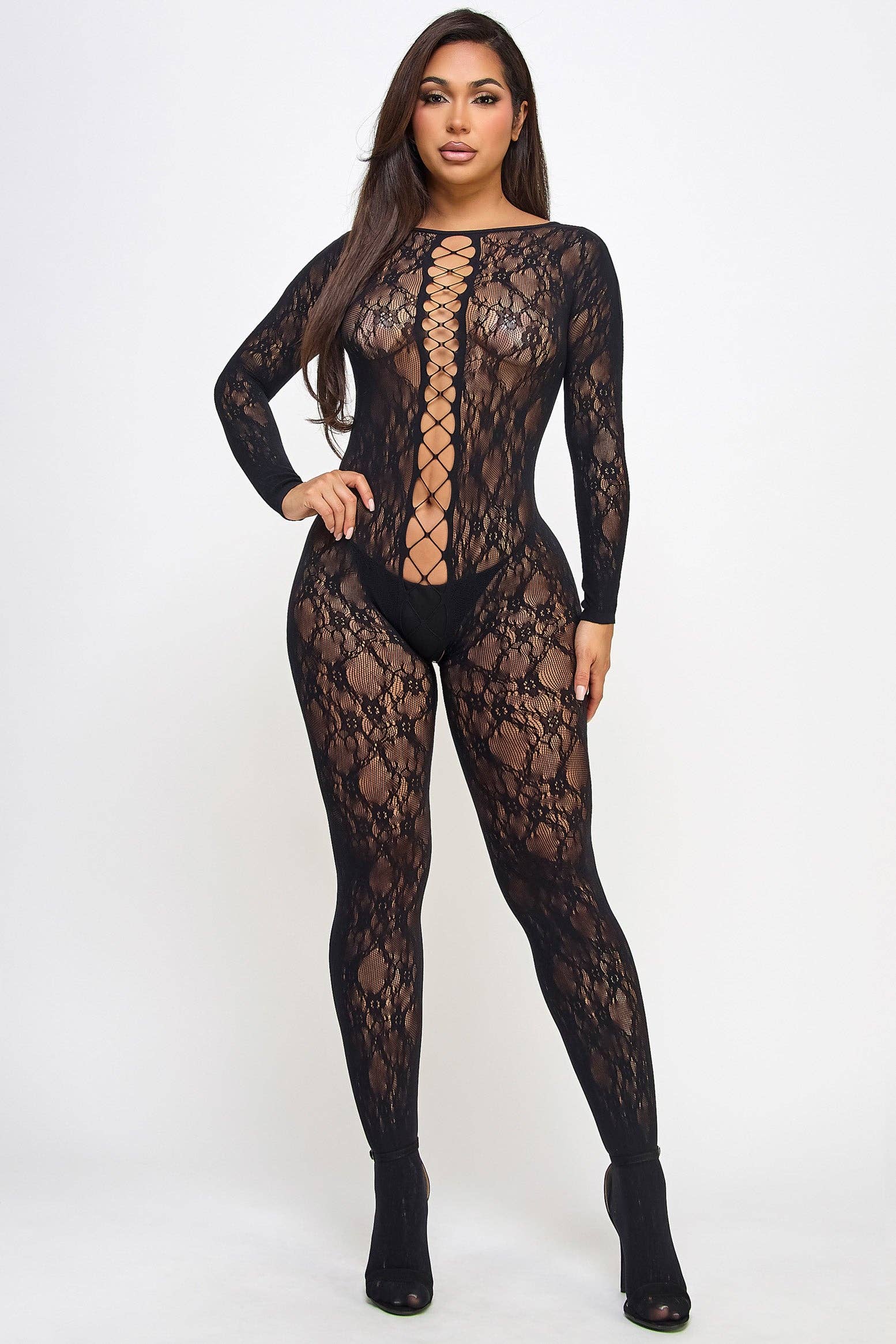 Kiara head-turning open back Bodystocking Black