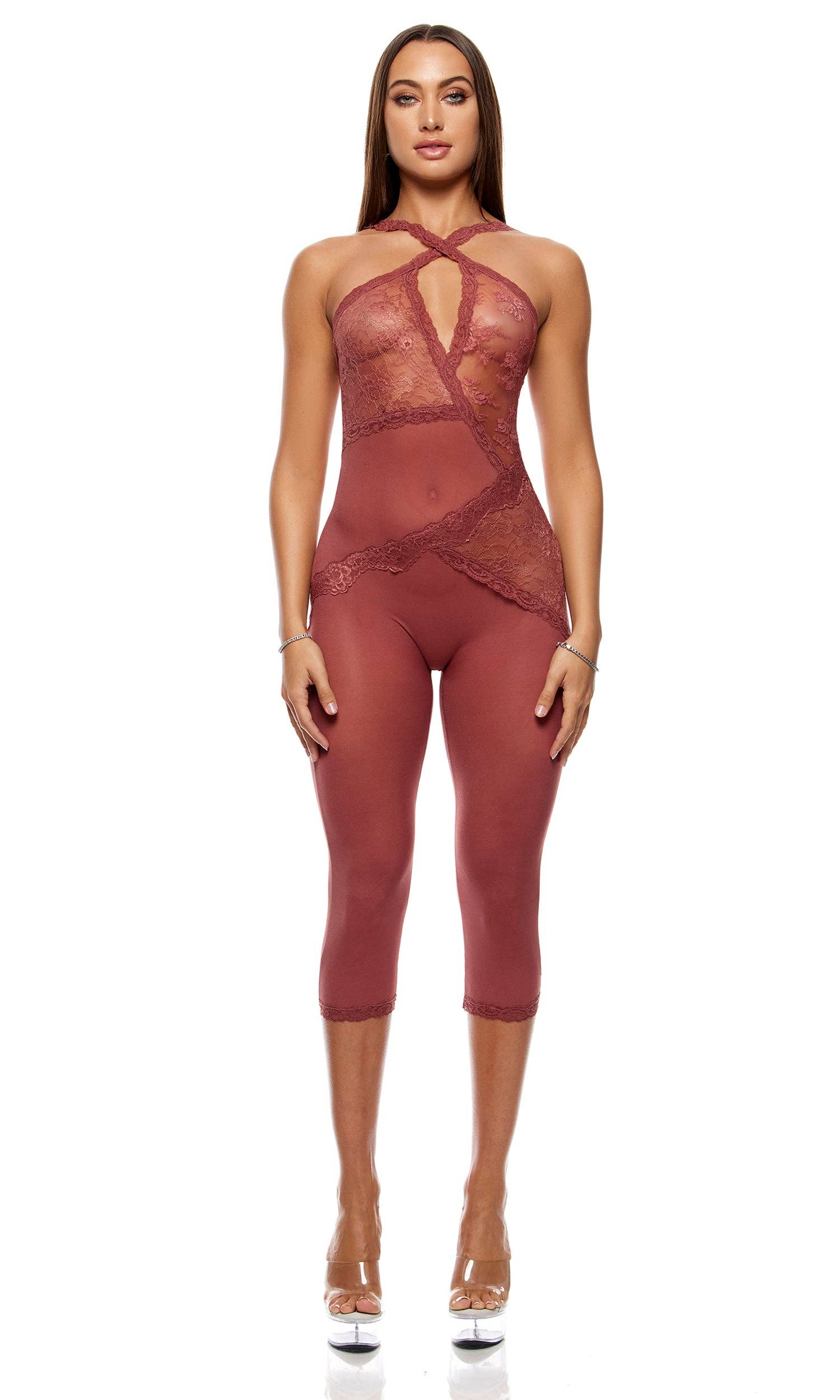 Patch of Petals Lace Capri Catsuit - Spice-3