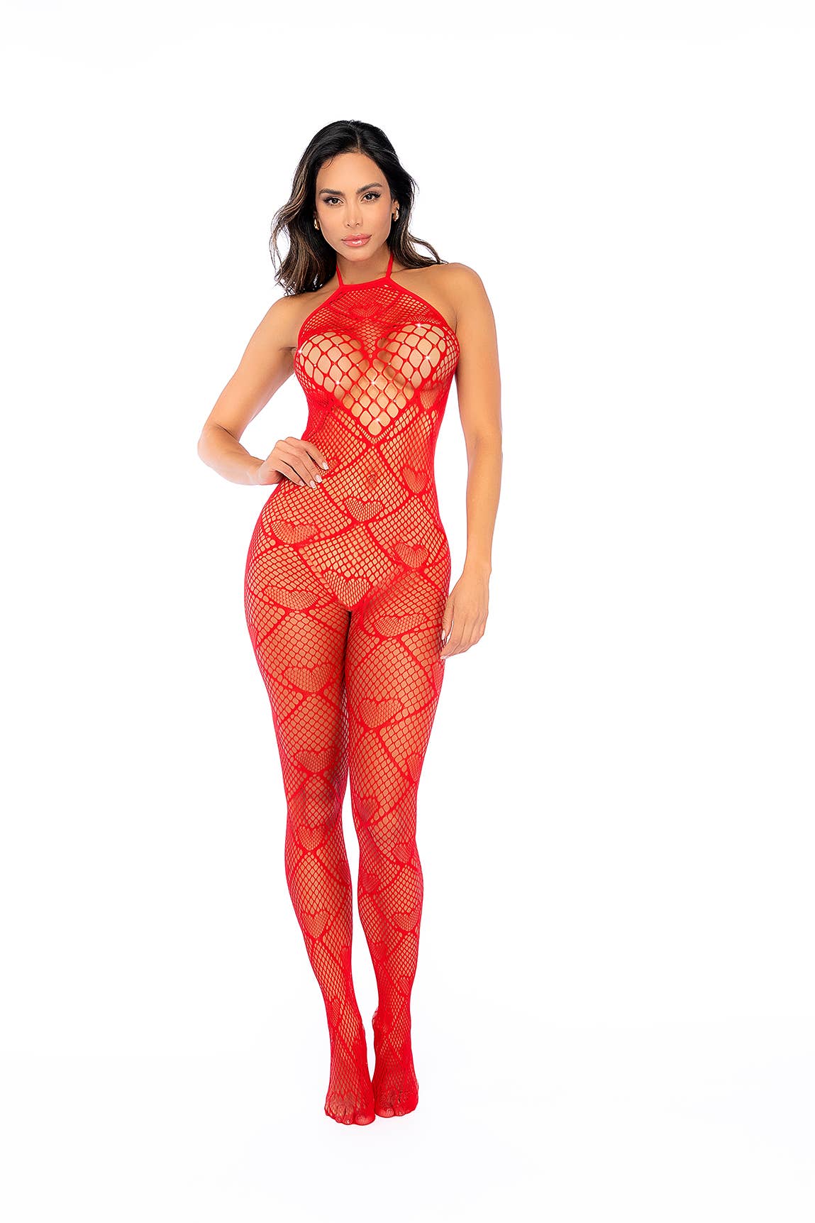 One Size Heart Fishnet Bodystocking with Rhinestone-1