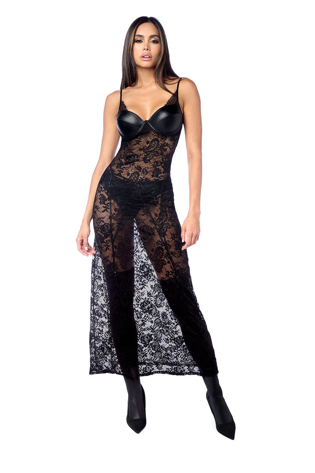 Long Gown with matching Panty & Garter Belt Black