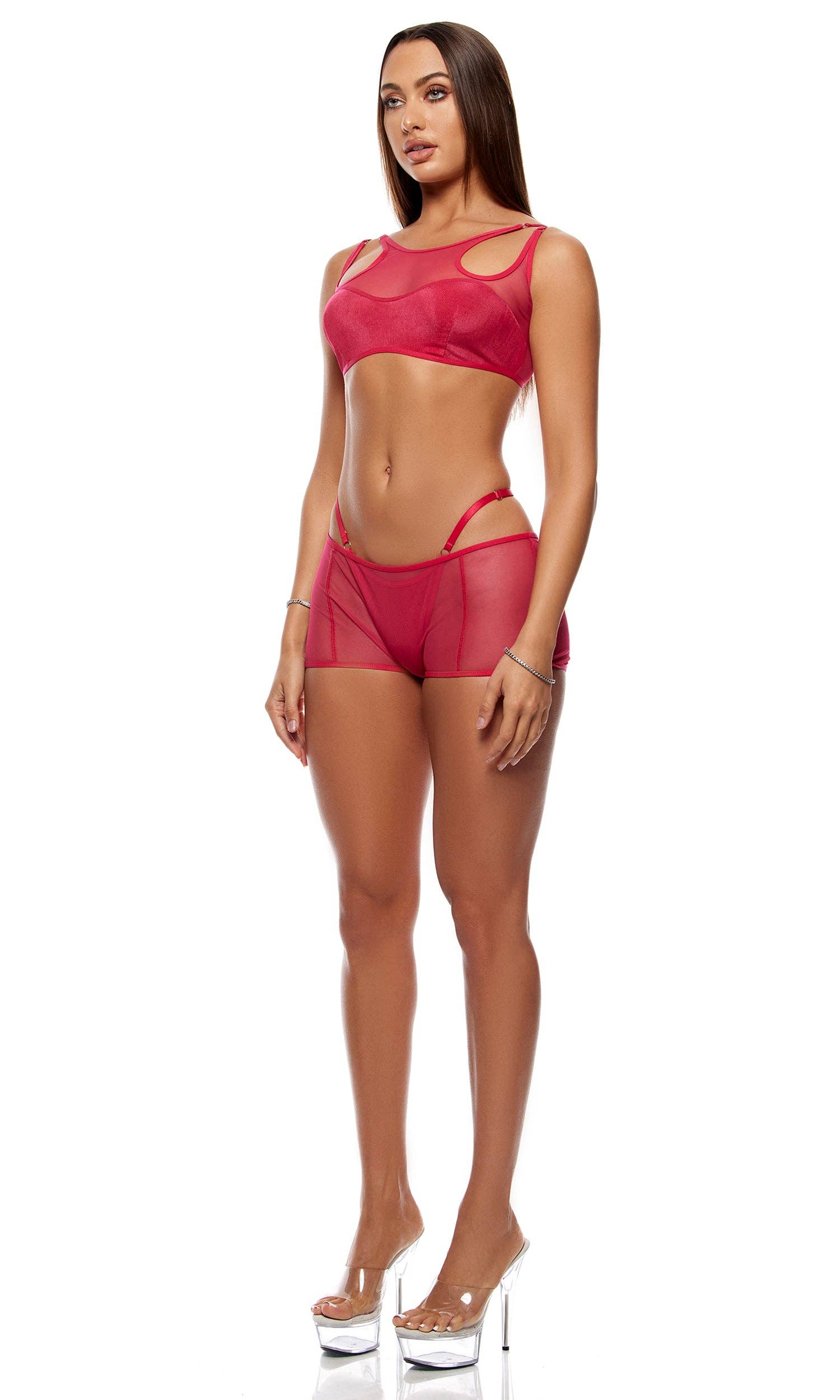 Layers To This Mesh and Knit Bra Top and Shorts Lingerie Set - Pink-3